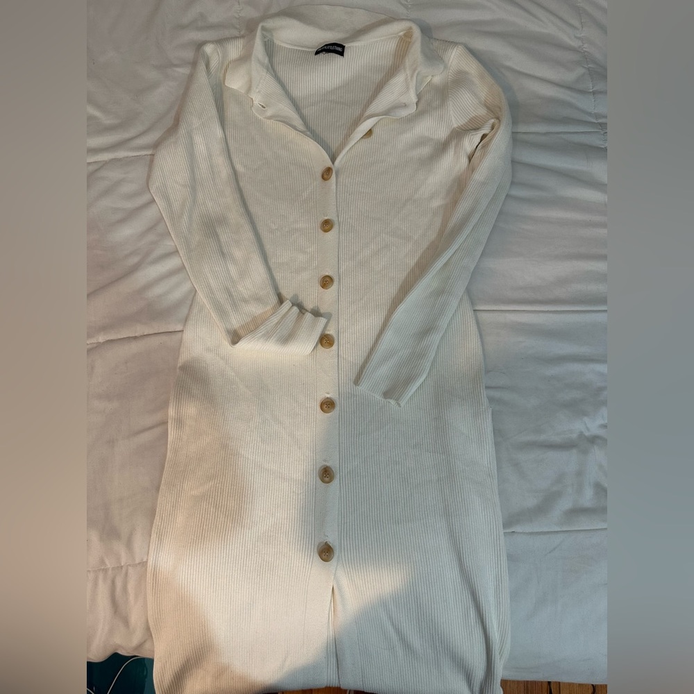 Cream Ribbed Button Up Maxi Dress